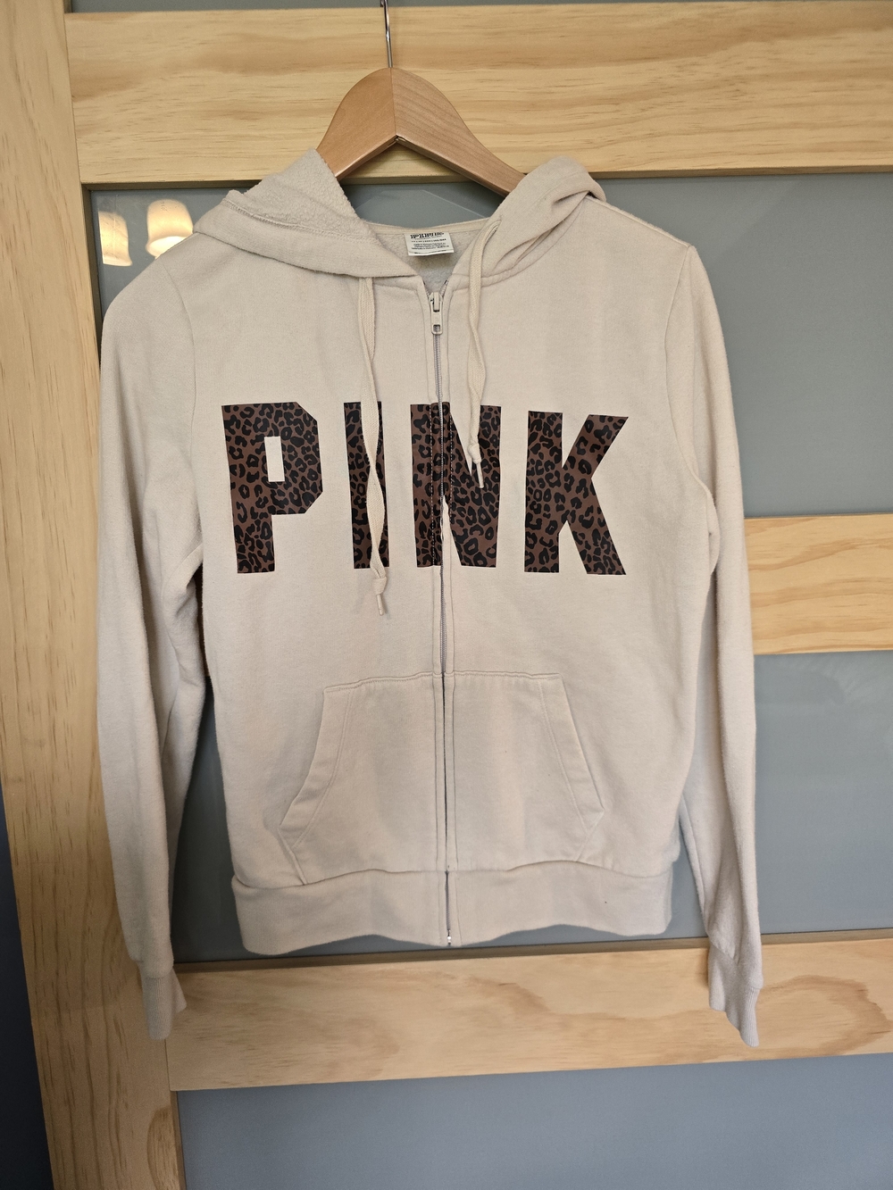 PINK Victoria's Secret Pale Pink Zip Hoodie with Leopard Logo